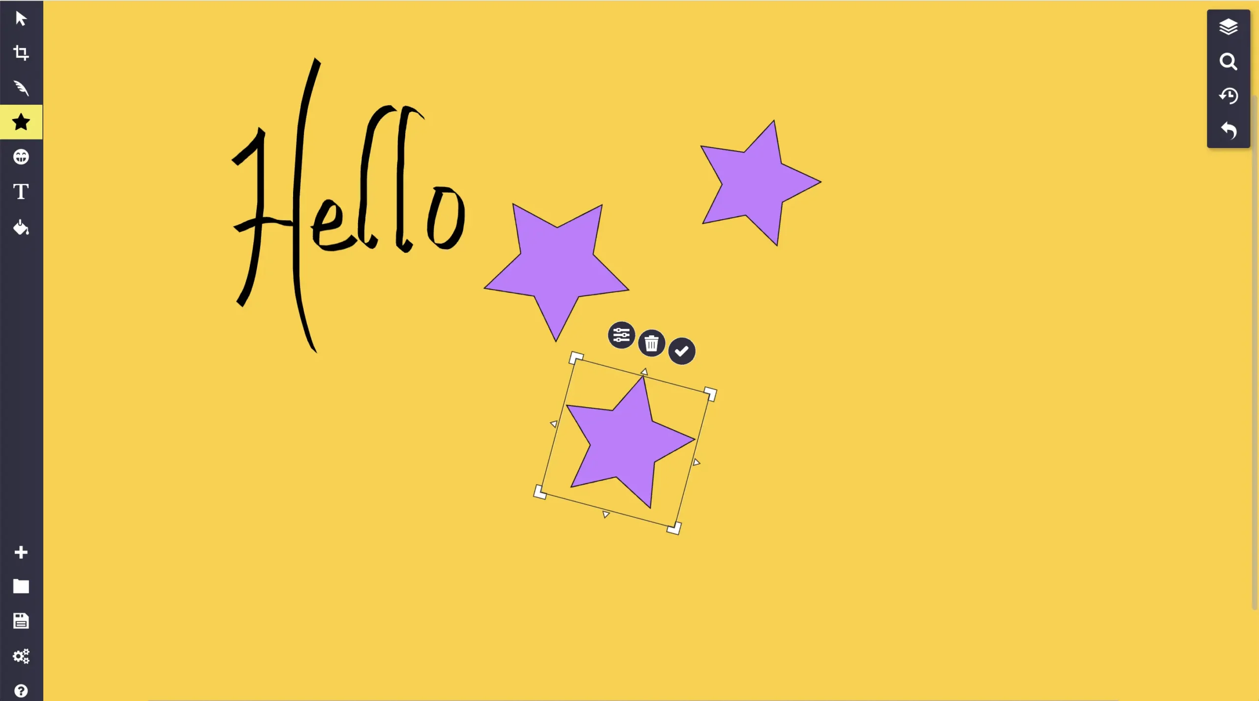 Screenshot of Sketch.io showing a blank yellow canvas with “Hello” written in black text and several purple stars scattered on the page. Tool sidebar is visible on the left with shape and text tools.