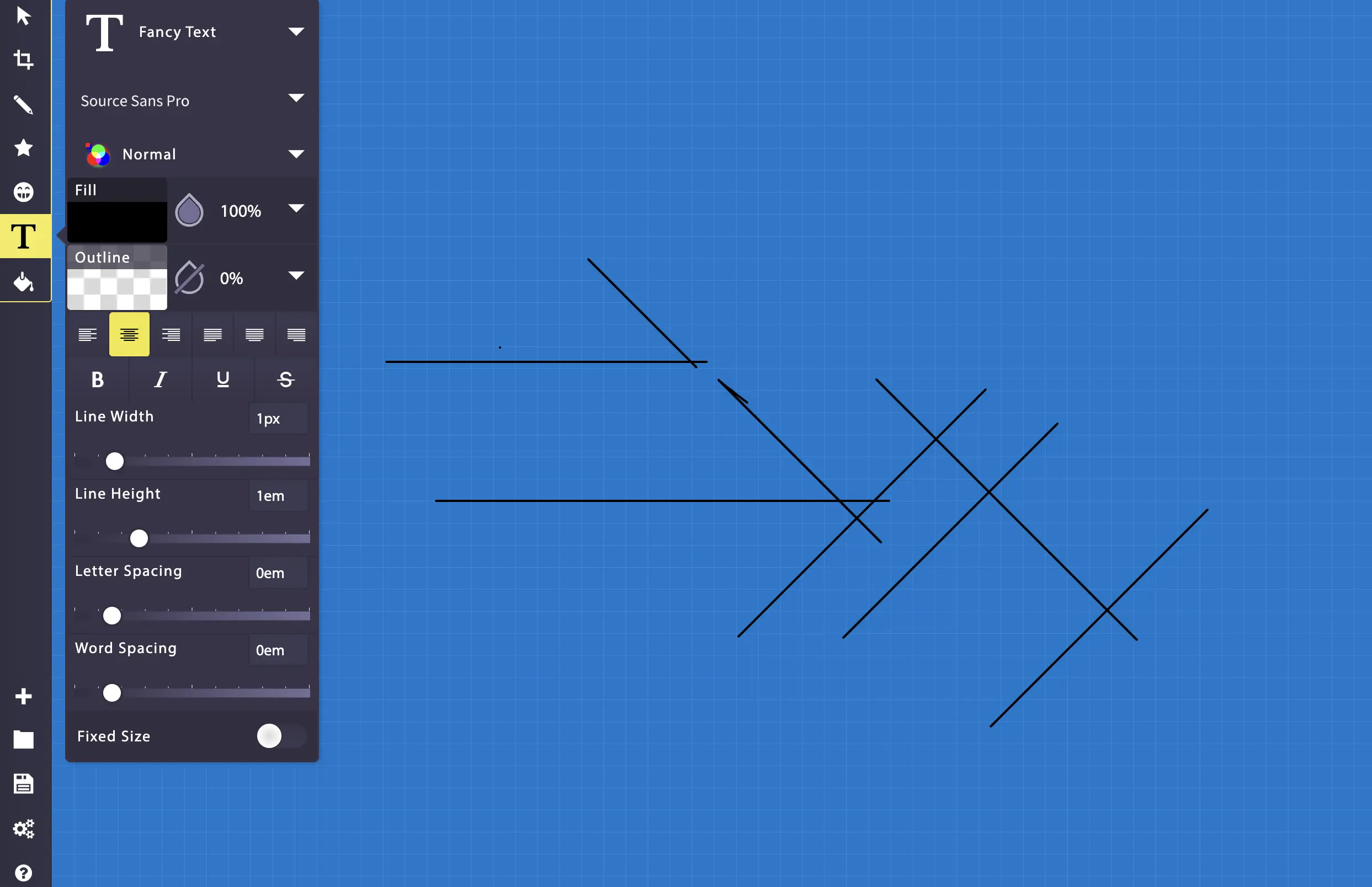 Screenshot of Sketch.io with a blue grid background. Several black diagonal lines are drawn across the canvas. Text and formatting options are open on the left-hand panel, showing font, size, and spacing tools.