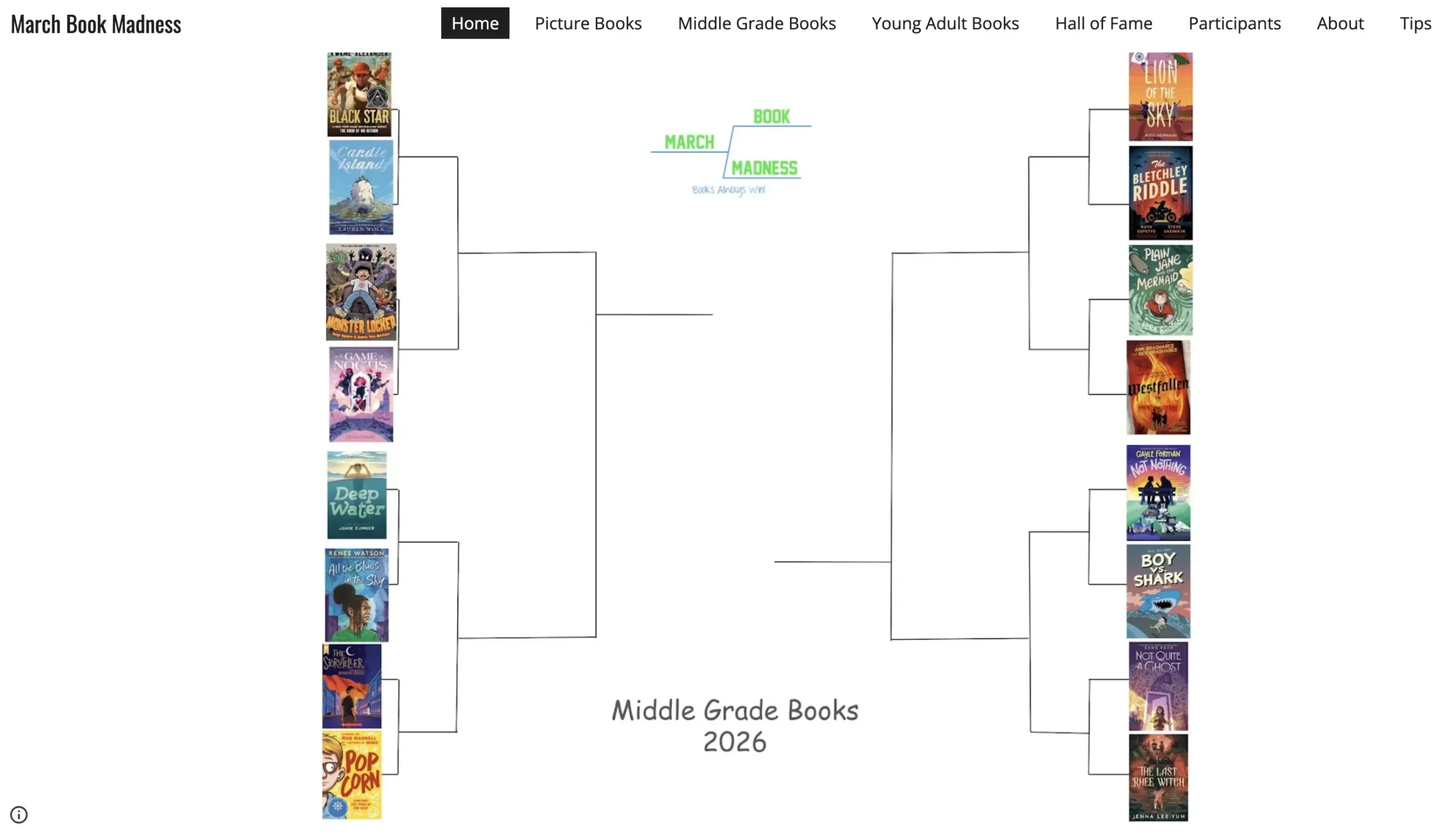 March Book Madness bracket page showing the Middle Grade Books 2026 tournament bracket with multiple book covers placed along the left and right sides connected by bracket lines.