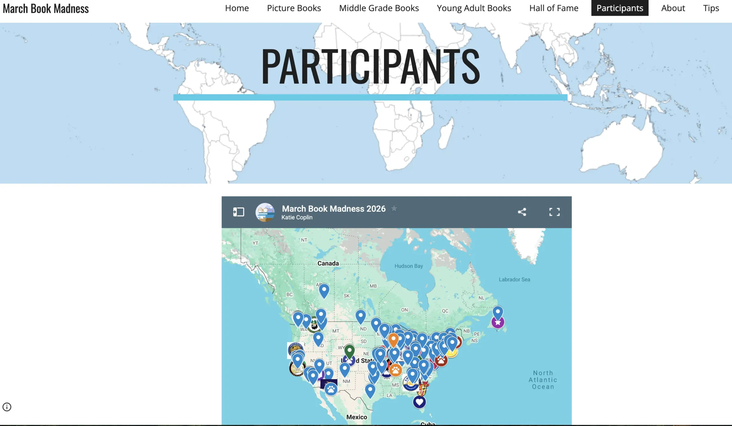 Screenshot of the March Book Madness Participants page with the word Participants over a world map banner and an embedded map labeled March Book Madness 2026 showing many location pins across the United States and Canada.