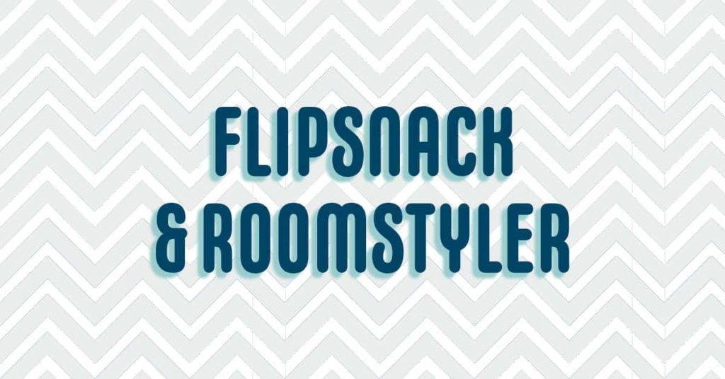 Flipsnack and Roomstyler text over chevron background