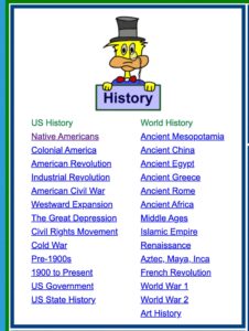 A screenshot of example history topics from Ducksters