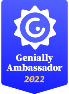 Badge shaped like a vertical flag with the Genially logo and the words "Genially Ambassador 2022"