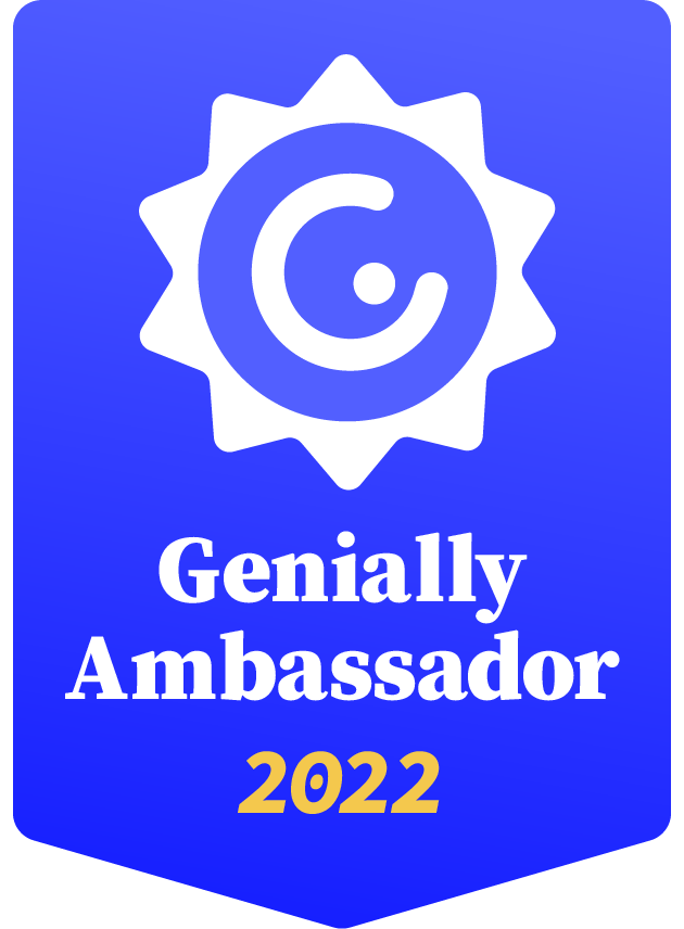 Badge shaped like a vertical flag with the Genially logo and the words "Genially Ambassador 2022"