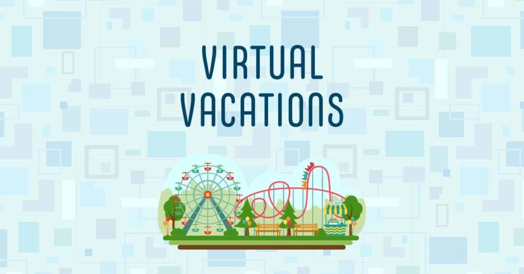The words "virtual vacation" and a cartoon image of an amusement park with a ferris wheel and roller coasters over a techy block background