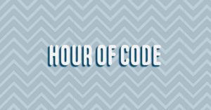 The words "hour of code" over chevrons