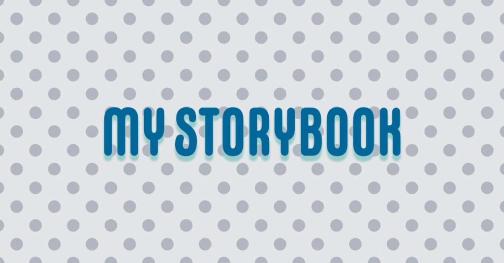 The text "my storybook" over a polkadot background