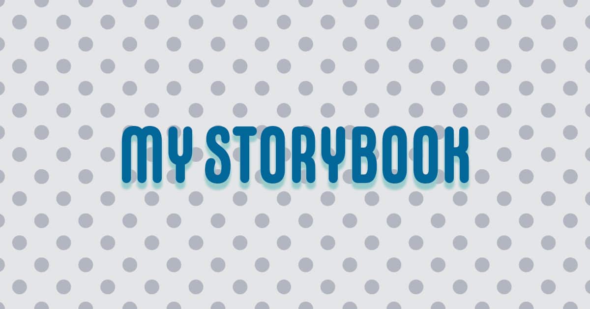 The text "my storybook" over a polkadot background