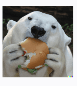 A Dall-E 2 generated image of a polar bear eating a hamburger