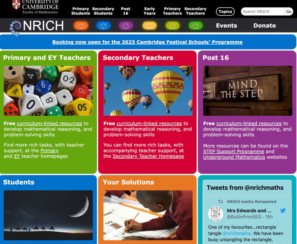 Screenshot of NRICH home page