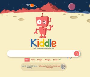 Kiddle main search screen. There's a cute little robot and the word Kiddle.