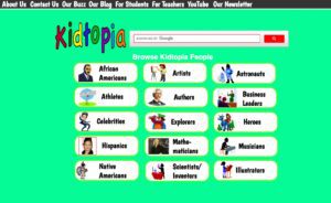 Kidtopia home page with search box and a bunch of colorful images.