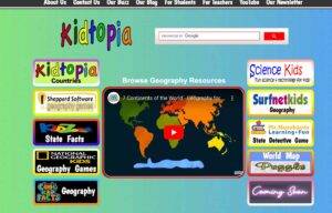 Kidtopia page with a map and the ability to browse by geogrpahy.