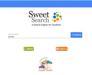 The SweetSearch home page screenshot.