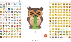A custom emoji with an owl vomiting