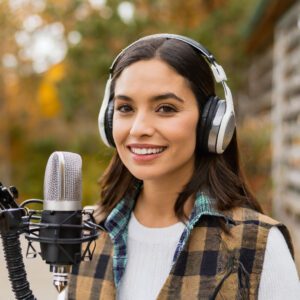 AI generated image of a female podcaster wearing heaphones.
