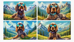Four AI generated images of a cocker spaniel on a mountain