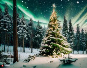 Four AI generated images of a beautifully lit Christmas tree in the woods