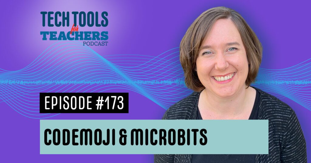 Shanna's face on a graphic with Codemoji & Microbits - Episode 173