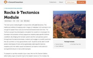 The Rocks & Tectonics Module page on the Concord Consortium website, with an image of the Grand Canyon and text explaining that the module allows students to investigate rock formation and evolution through land formation processes.