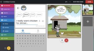 Digital comic-making interface displaying a farm scene with a grey cat character and a brown horse, with a dialogue bubble about chicken for dinner.