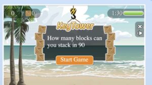 Screenshot of a typing game called KeyTower from a typing website. It depicts a tropical beach scene where users stack blocks by typing letters, set against a backdrop of palm trees and ocean.
