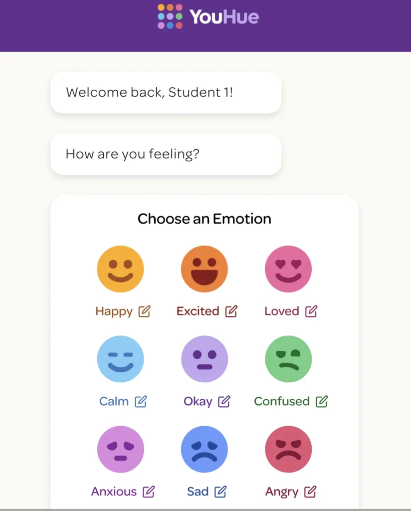 A screenshot of the YouHue app interface. The top section welcomes the user with “Welcome back, Student 1!” and asks, “How are you feeling?” Below is a selection of emojis representing different emotions: Happy, Excited, Loved, Calm, Okay, Confused, Anxious, Sad, and Angry.