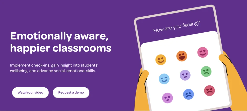 A webpage from the YouHue site with the tagline “Emotionally aware, happier classrooms” against a purple background. It features an illustration of a person holding a tablet displaying various emojis representing emotions. The text encourages implementing check-ins, gaining insight into students’ wellbeing, and advancing social-emotional skills. Buttons for “Watch our video” and “Request a demo” are also present.