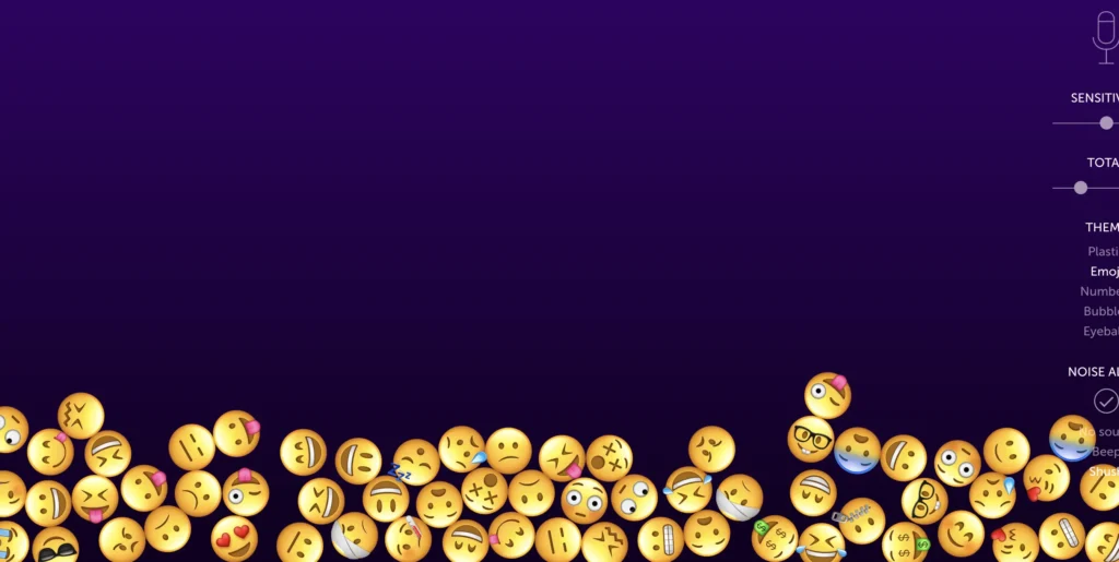 A noise monitoring screen from BouncingBalls.org featuring a collection of emoji faces at the bottom of the screen. The background is a deep purple, with a control panel on the right side offering options for sensitivity, total noise, and a variety of themes such as plastic, emoji, numbers, and more.