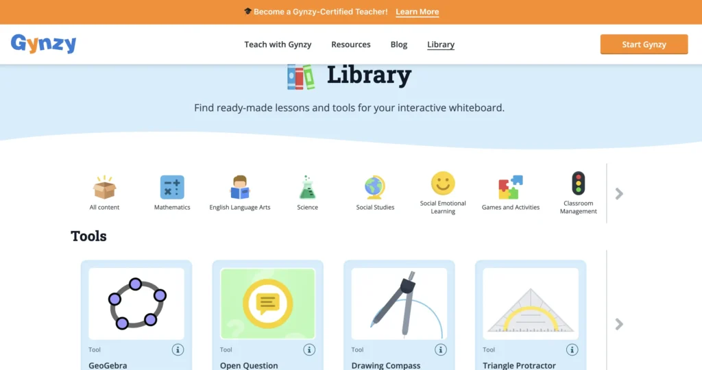 A screenshot from the Gynzy website’s Library page, showcasing various interactive tools and lessons for classroom management. The categories include Mathematics, English Language Arts, Science, Social Studies, and Social Emotional Learning. Icons for specific tools like GeoGebra, Drawing Compass, and Triangle Protractor are shown at the bottom.