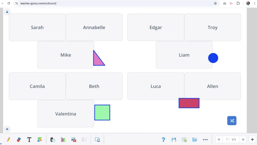 A screenshot from Gynzy’s classroom tool showing student name boxes laid out in a grid format, with names such as Sarah, Edgar, and Beth displayed. Geometric shapes like triangles and circles are shown next to some names, indicating additional functionality within the tool for organizing or highlighting students.”