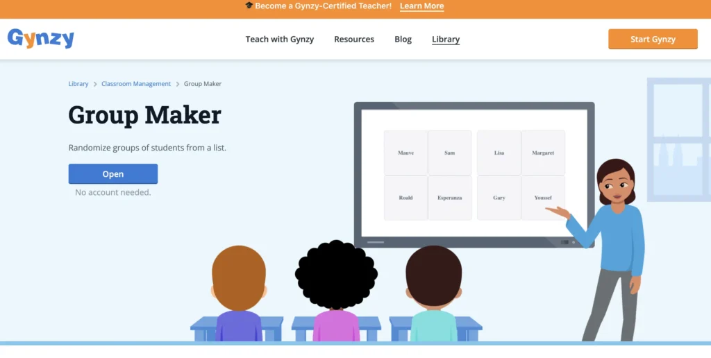 A screenshot from Gynzy’s Group Maker tool. The interface shows a classroom seating chart with student names like Lisa, Margaret, Gary, and Youssef displayed in boxes. The title reads ‘Group Maker’ with a subtitle that says ‘Randomize groups of students from a list.’ A teacher avatar stands next to a whiteboard, pointing to the chart.