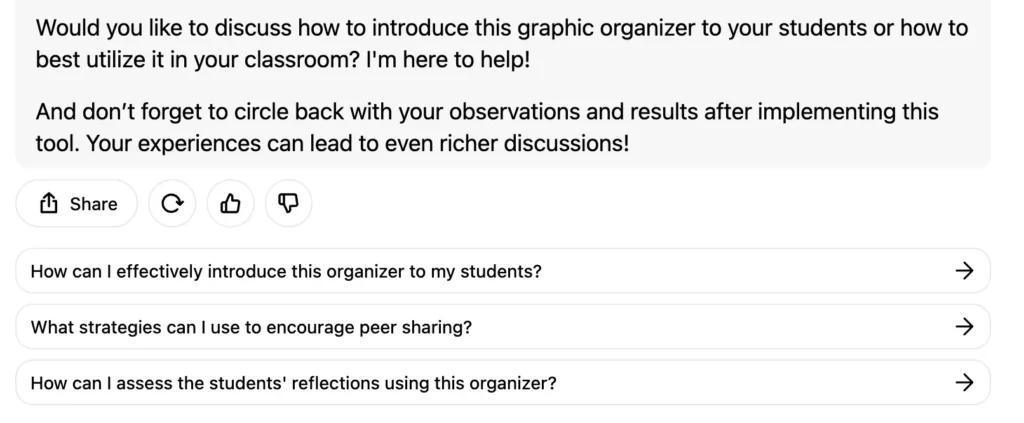 A chatbot conversation encouraging teachers to discuss how to introduce a graphic organizer in their classrooms and best utilize it. The chatbot offers help and reminds teachers to share their experiences after using the tool for richer discussions. The screen shows options for follow-up questions, including how to introduce the organizer, encourage peer sharing, and assess student reflections. Share and feedback buttons appear below the text.