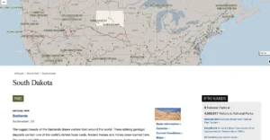 Screenshot of the National Park Service’s map showing national parks in South Dakota. It highlights parks like Badlands and Wind Cave, with details on visitors and economic benefits listed below in an informational sidebar.