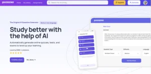 An introductory page of QuizGecko promoting the AI-powered quiz generator. A large headline reads, “Study better with the help of AI,” followed by descriptions of QuizGecko’s features, including creating quizzes from text, URLs, or topics. A phone mockup displays quiz creation options like camera and text input.