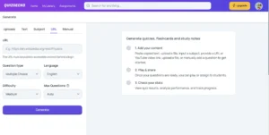 A quiz question generated by QuizGecko titled “Visiting Ellis Island: Ferry Tips.” The first question asks, “Who operates the ferry service to Liberty and Ellis Islands?” with a field for the user to type their answer and a submit button below.