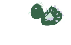 A rough digital sketch of a green creature with a round body and spiky shapes on its back, resembling a stylized bird or reptile, created on a white background.