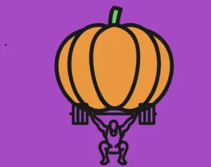 A creative illustration of a pumpkin being held up by a strong figure lifting it like a weight, set against a purple background.