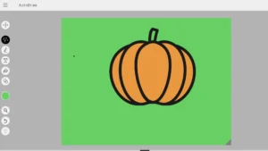 A simple drawing of a pumpkin on a green background, created in a digital drawing tool, with a grey user interface on the sides displaying drawing options and shapes.