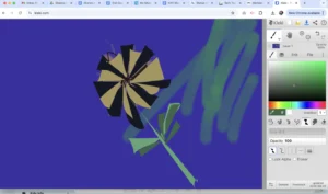 A digital painting created on Kleki, showing a stylized flower with a green stem and leaves, a black and beige layered blossom, and a dark blue background with green brush strokes.