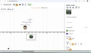 Screenshot of the Time.Graphics export options with a dark-themed timeline background. A selection menu shows export options such as JPG/JPEG, PNG, PDF, Word document, and more. The timeline includes events like ‘Traveled to Door County’ and ‘AKM Born,’ represented by icons and text along a chronological axis.