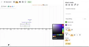 Screenshot of the Time.Graphics editor showing a timeline with events like ‘AKM Born,’ ‘Traveled to Arkansas,’ and ‘Traveled to San Francisco.’ The right panel is open with options to customize text and media for the event ‘Traveled to Arkansas.’ A color palette for text is displayed, with a selected shade of purple (#6e45b6).