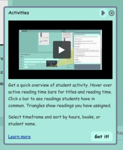 Screenshot of the Clusive ‘Activities’ dashboard, displaying a quick overview of student activity through active reading time bars. The screen shows a timeline of student reading sessions with prompts to hover over for detailed reading history. Instructional text encourages sorting by hours, books, or student name.