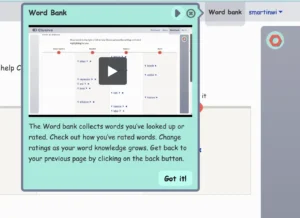 Screenshot of Clusive’s word familiarity assessment prompt, displaying a word (‘embark’) and a scale for users to rate their familiarity, ranging from ‘Never heard it’ to ‘Use it.’ Instructional text at the top invites users to rate a set of words to receive a personalized reading experience.