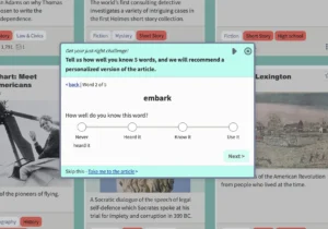 Screenshot of an informational article about Amelia Earhart within the Clusive program. The left side menu offers navigation options, and settings on the right allow customization of text size, line spacing, letter spacing, font type, and color scheme to support accessible reading.