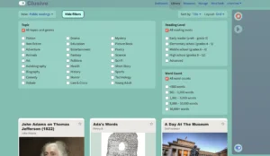 Screenshot of Clusive’s Library view, featuring filters for topic, reading level, and word count. Various genres and reading materials are shown, with options to filter by categories like ‘Fiction,’ ‘History,’ ‘Science,’ and reading levels from elementary to advanced.