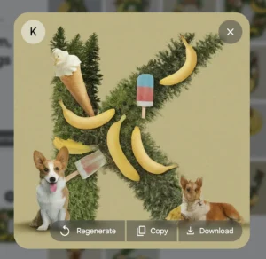 A letter ‘K’ formed with pine branches and decorated with bananas, popsicles, and ice cream cones. Two corgis, one sitting and one lying down, are included in the composition. The background is a muted beige color.