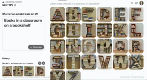 A set of uppercase letters formed by stacking books on shelves in a classroom setting. The letters are colorful and neatly arranged to resemble a complete alphabet. The bookshelves have a wooden texture and a light-colored wall behind them.