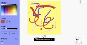 A digital drawing interface with a purple background, offering a color palette, drawing tools, and size adjustments on the left side. A colorful abstract drawing in red, blue, and yellow is shown in the middle. The ‘Generate Music’ button is visible below the drawing.