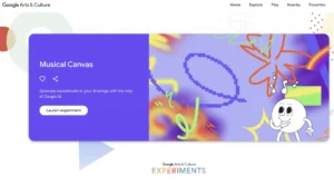 A promotional banner for ‘Musical Canvas’ by Google Arts & Culture. The design includes colorful abstract shapes on a purple background with text inviting users to generate soundtracks based on their drawings. A cartoon figure in the bottom-right corner appears to be pondering.